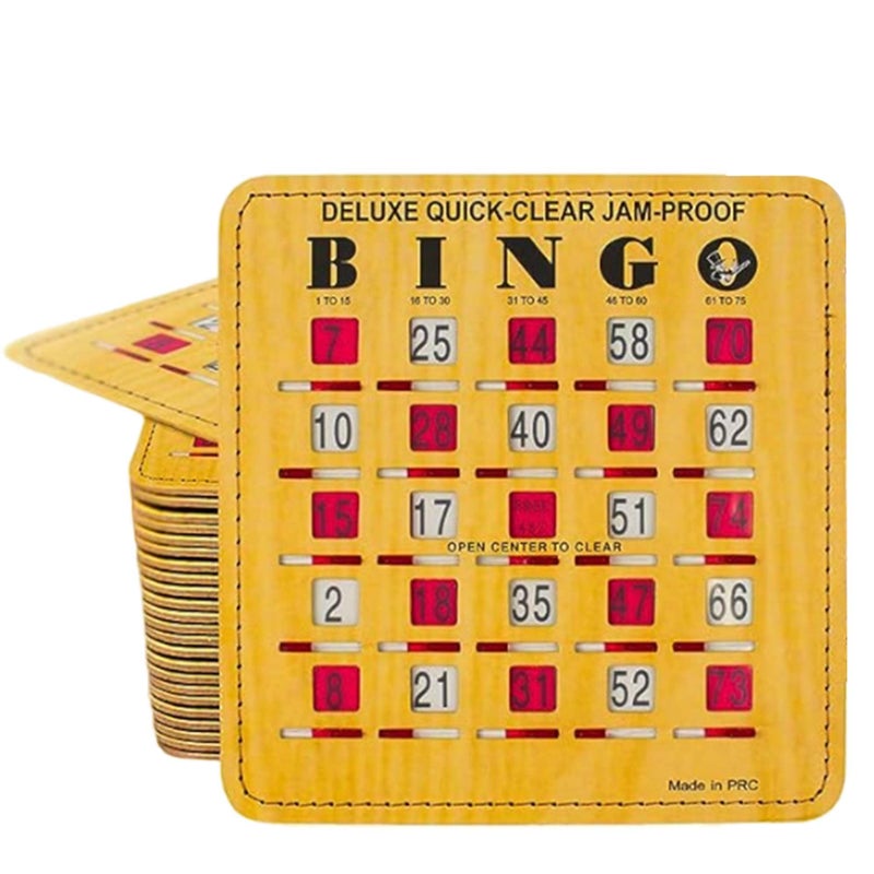 MR CHIPS Jam-Proof Quick-Clear Deluxe Fingertip Slide Bingo Cards with Sliding Windows 100 Pack in Woodgrain Style - Image 1